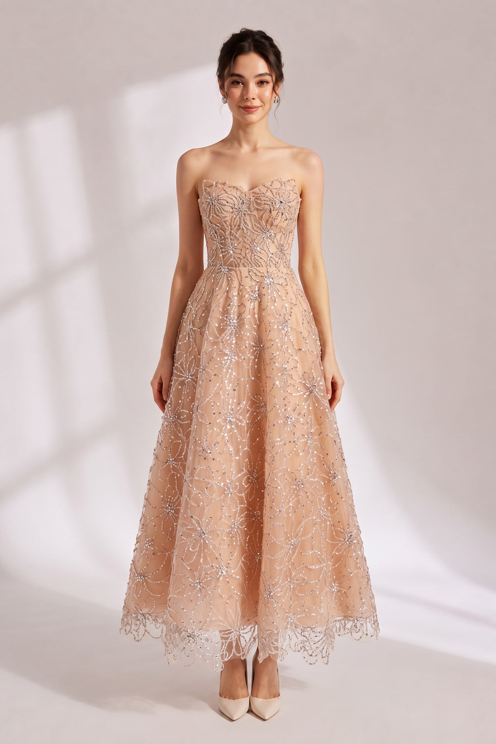d44a4f5ba3dccb92 NUDE BEADED STRAPLESS COLUMN MAXI DRESS