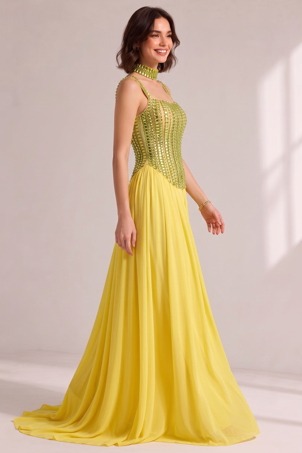 LIME GREEN RHINESTONE CHOKER PLEATED CHIFFON TRAIN GOWN