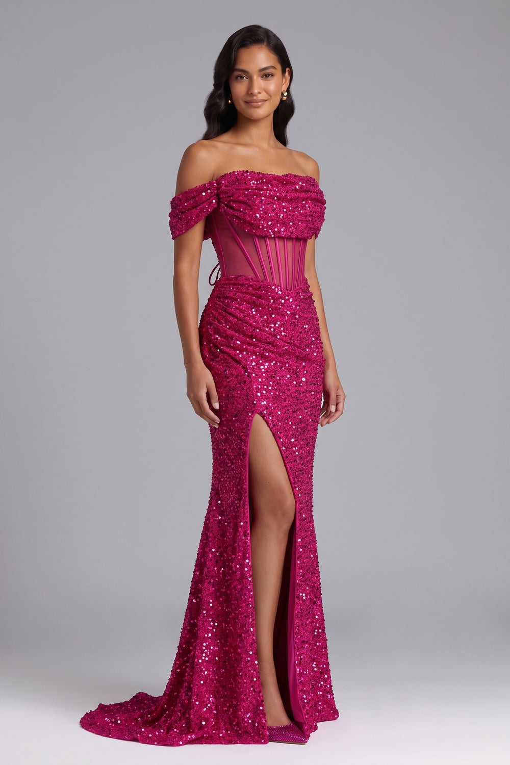 d4d93640b9f4e46b HOT PINK SEQUIN OFF-SHOULDER MERMAID PROM GOWN
