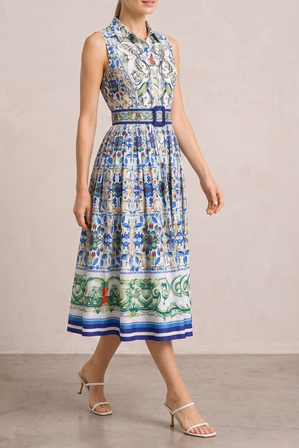 d51483e523607adb SLEEVELESS COLLARED TILE PRINT BELTED A-LINE MIDI DRESS