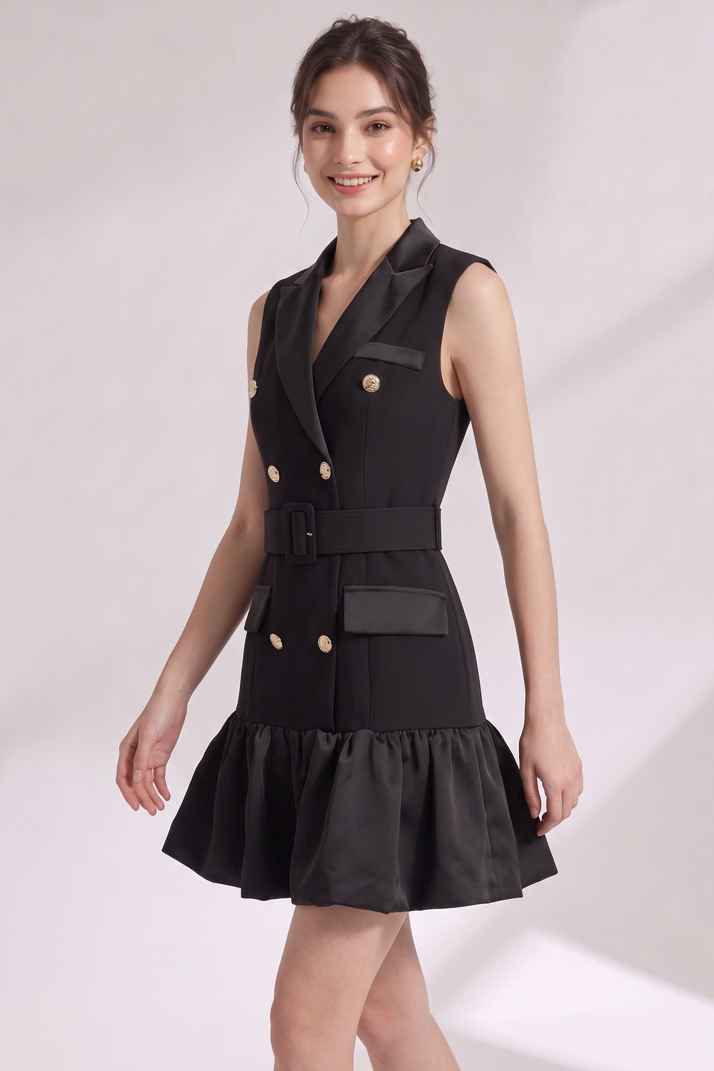 d538c7eb6e48d8d7 BLACK RUFFLED HEM TAILORED BLAZER DRESS, MATTE CREPE