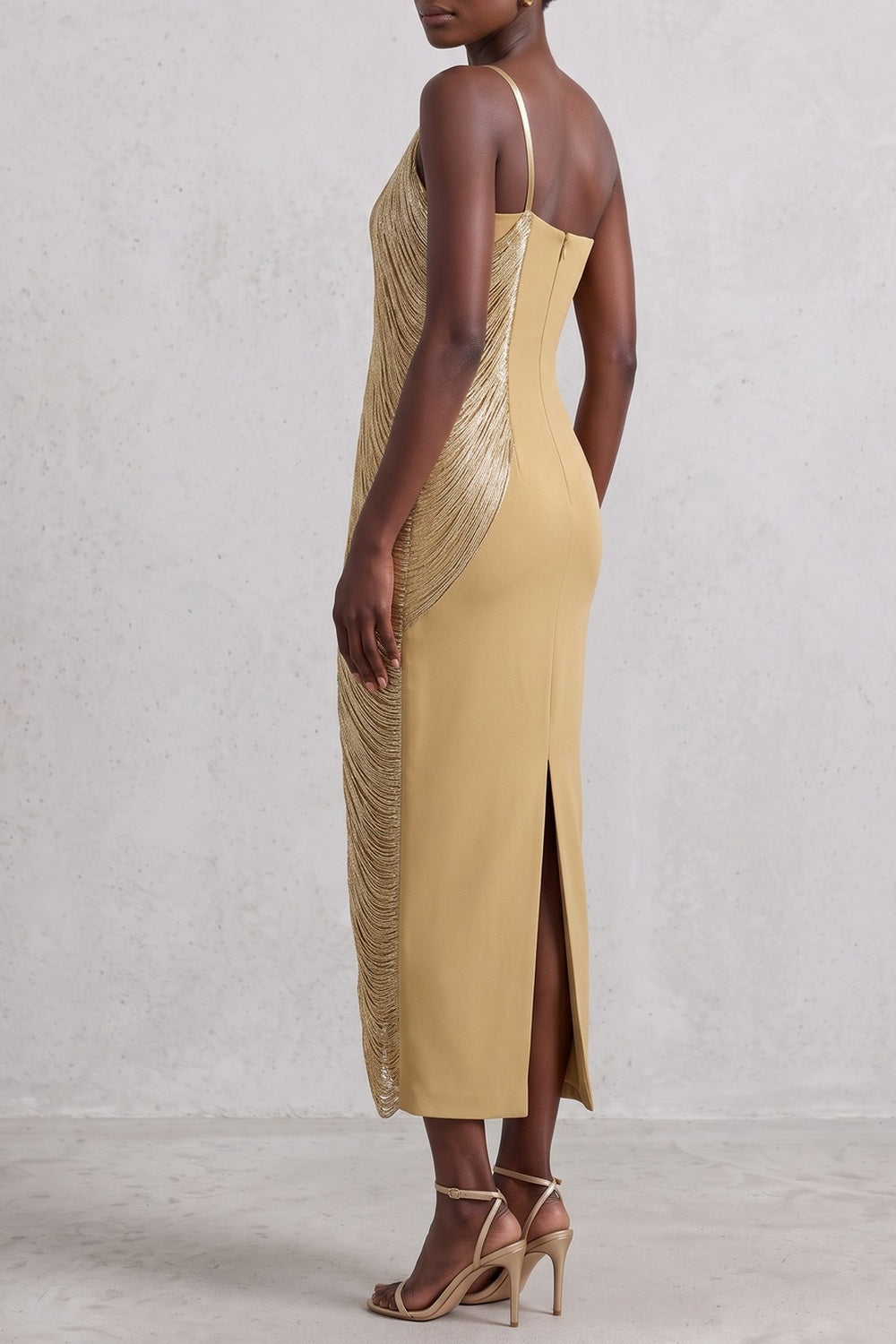 d54d6468be391a4e ONE SHOULDER METALLIC RUCHED MIDI DRESS