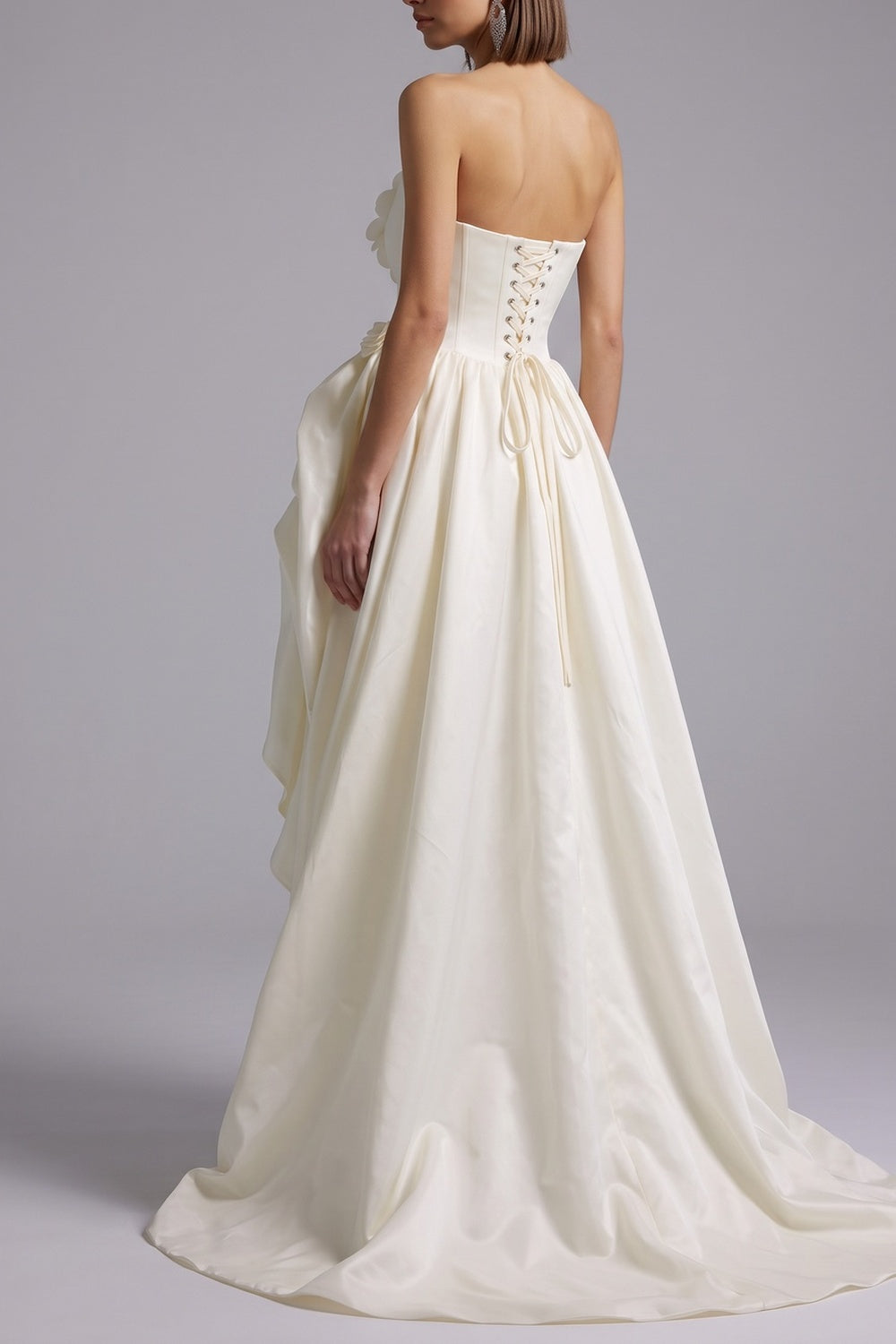 STRAPLESS 3D FLOWER HIGH-LOW SATIN PROM GOWN