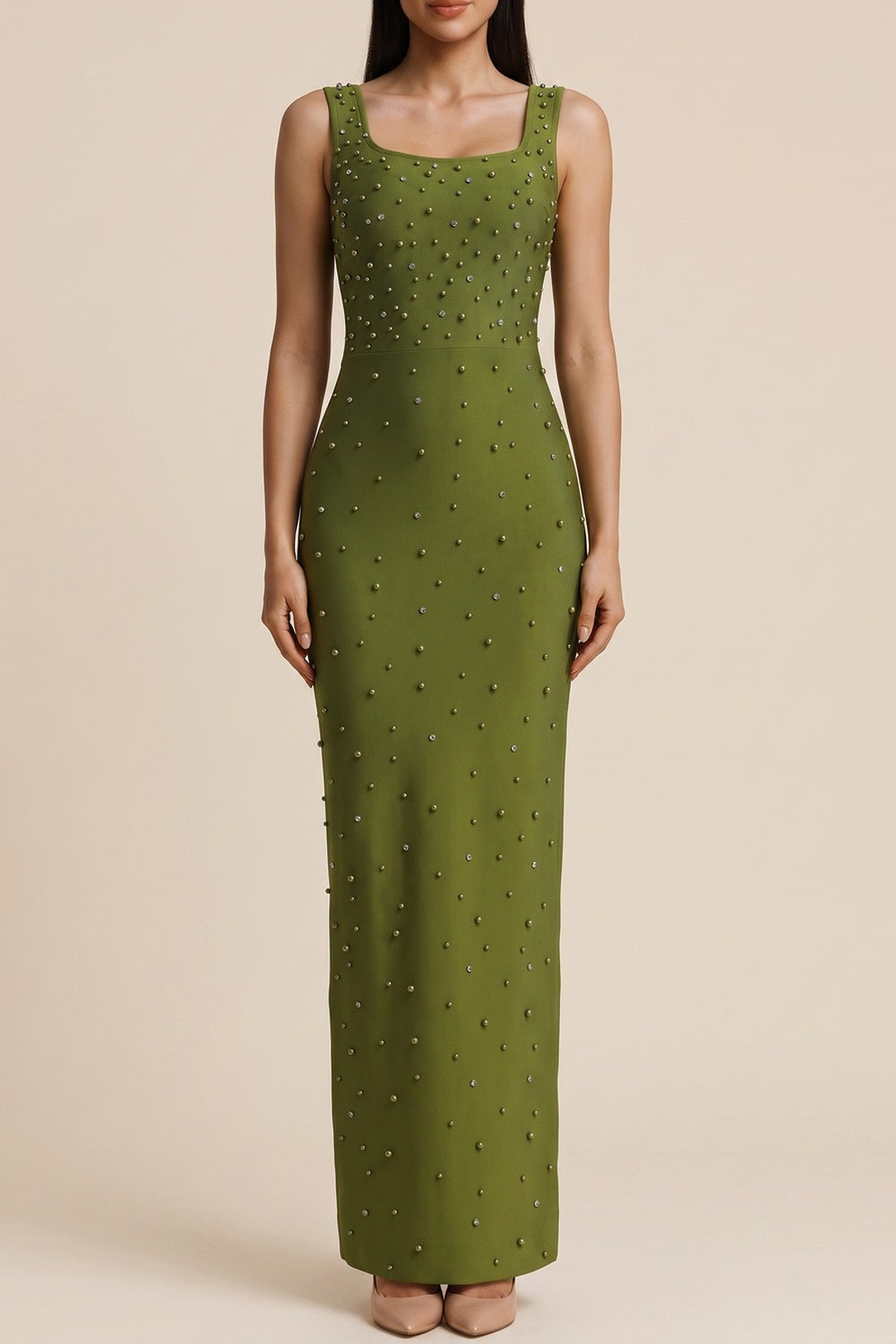 SQUARE NECK RHINESTONE MERMAID MAXI DRESS