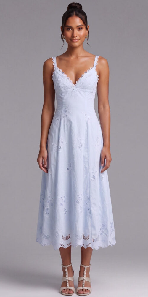 LIGHT BLUE EYELET A-LINE MIDI DRESS FOR SUMMER