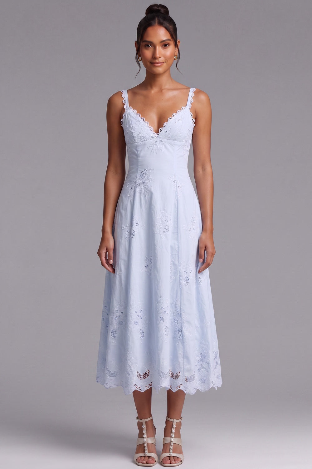 d563da9754b30f07 LIGHT BLUE EYELET A-LINE MIDI DRESS FOR SUMMER