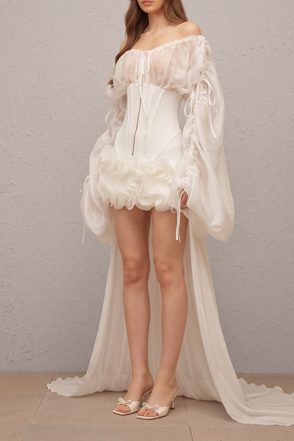 d59db917222eec89 OFF SHOULDER CORSET RUFFLE HIGH LOW MINI DRESS