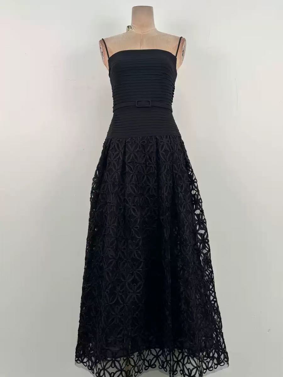 d6804181e2c7d16d8db65da888dba484 BLACK LACE MIDI DRESS, SPAGHETTI STRAP PLEATED BODICE, FLORAL CUTOUT