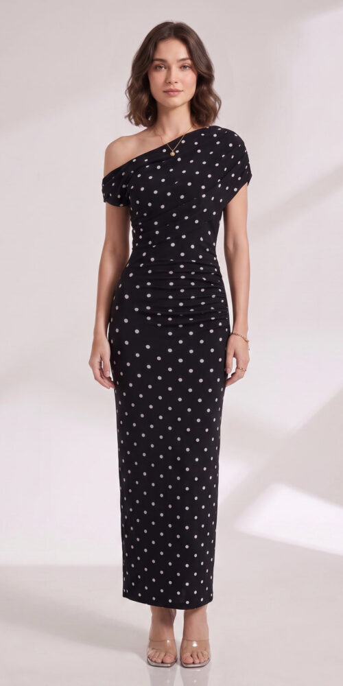 d6b59db50dd755a0 BLACK POLKA DOT ONE-SHOULDER MAXI DRESS