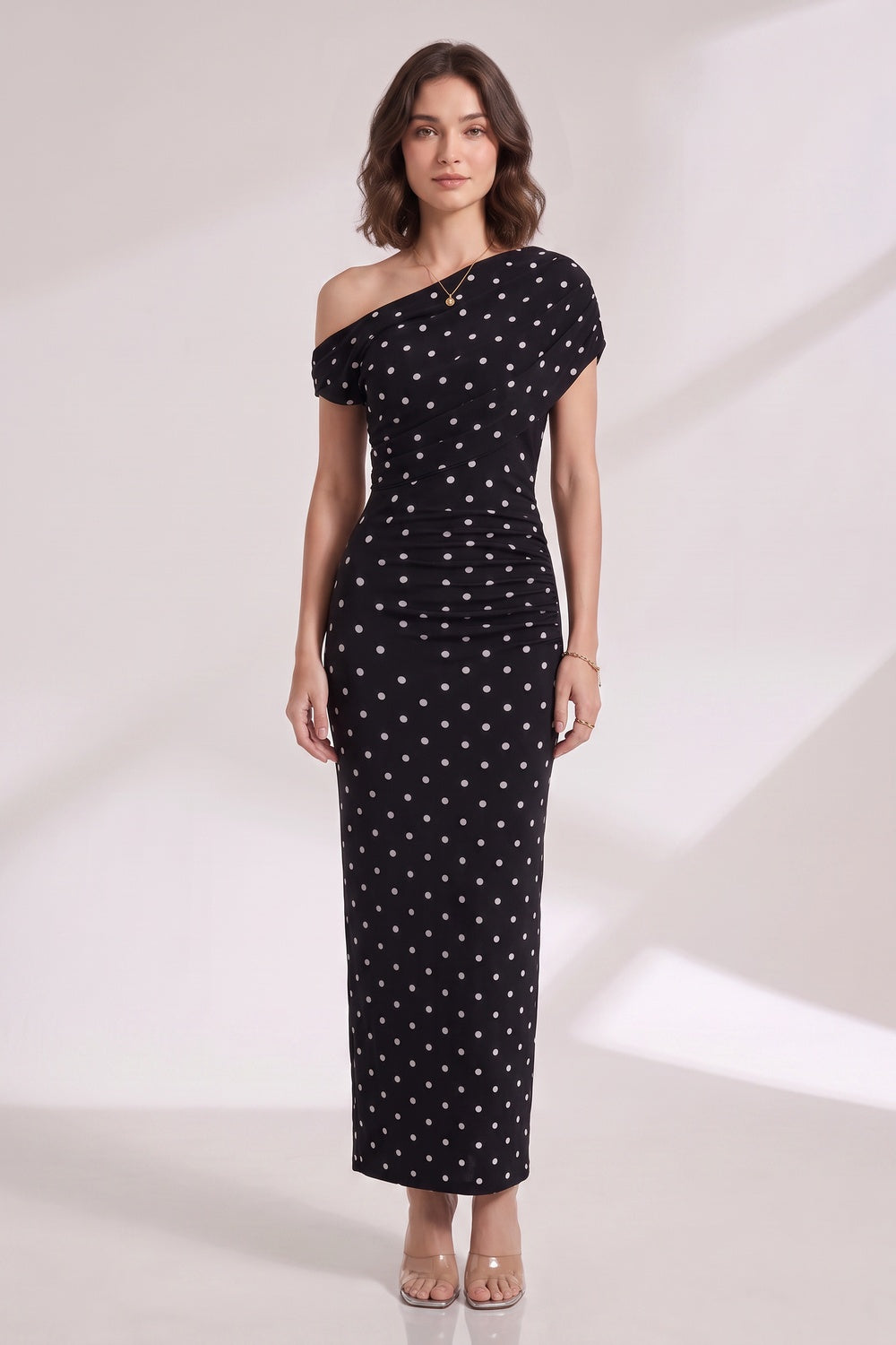 d6b59db50dd755a0 BLACK POLKA DOT ONE-SHOULDER MAXI DRESS