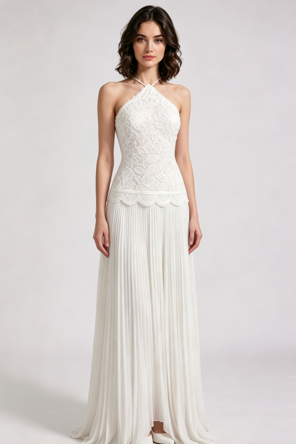 WHITE LACE A-LINE MAXI DRESS FOR WEDDING GUEST