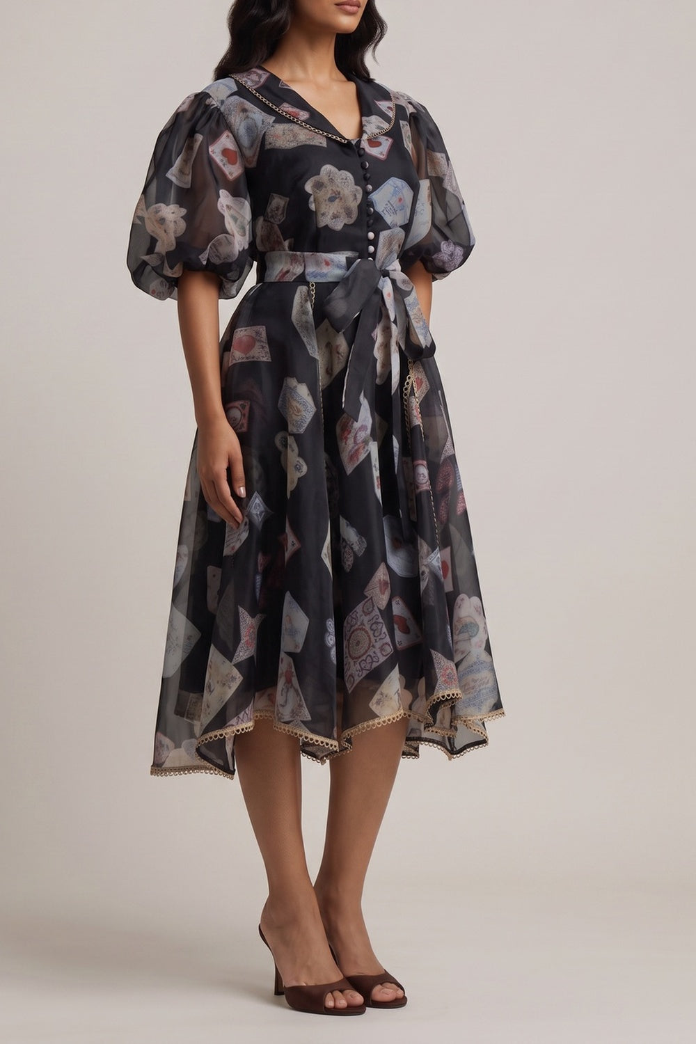 d76bd23b255c3ffb V-NECK BALLOON SLEEVE PRINT BELTED MIDI DRESS