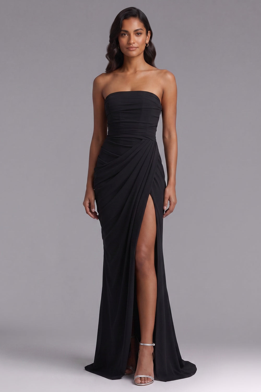 d76c667f078e7bb0 BLACK ASYMMETRIC DRAPE COLUMN EVENING GOWN