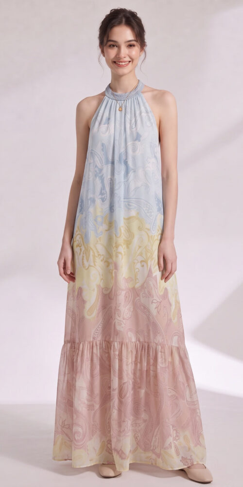 d80527fa9b9b1c14 PASTEL OMBRÉ CHIFFON HALTER TIERED MAXI DRESS