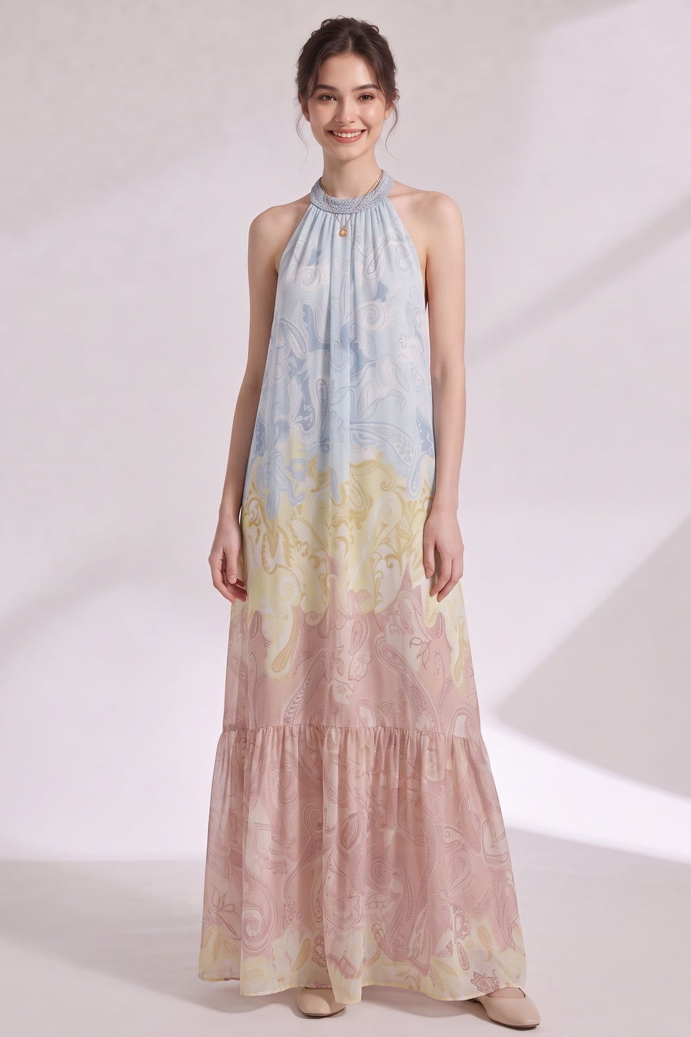 d80527fa9b9b1c14 PASTEL OMBRÉ CHIFFON HALTER TIERED MAXI DRESS