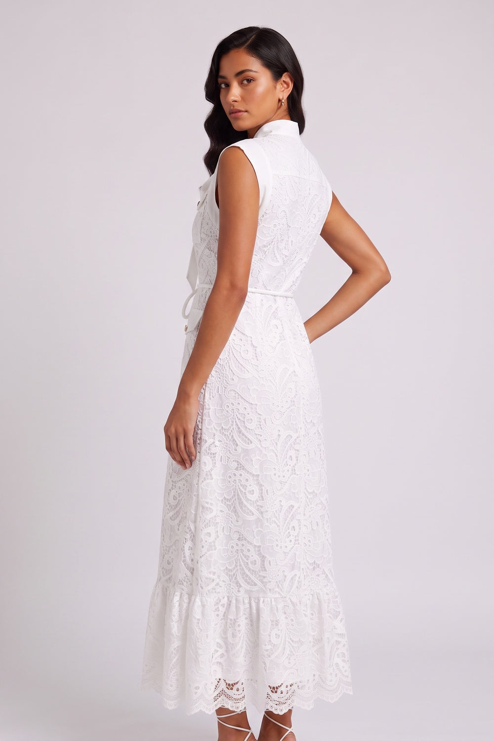 d8335c3362db659a WHITE SLEEVELESS TIE-NECK LACE MIDI CARGO DRESS