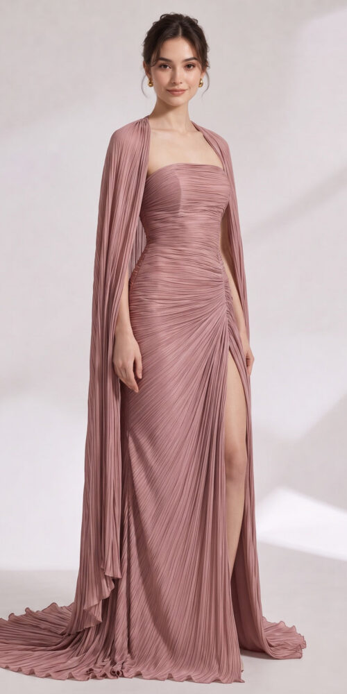 d839c52f34bf2568 DUSTY ROSE PLISSÉ STRAPLESS CAPE GOWN W/ TRAIN