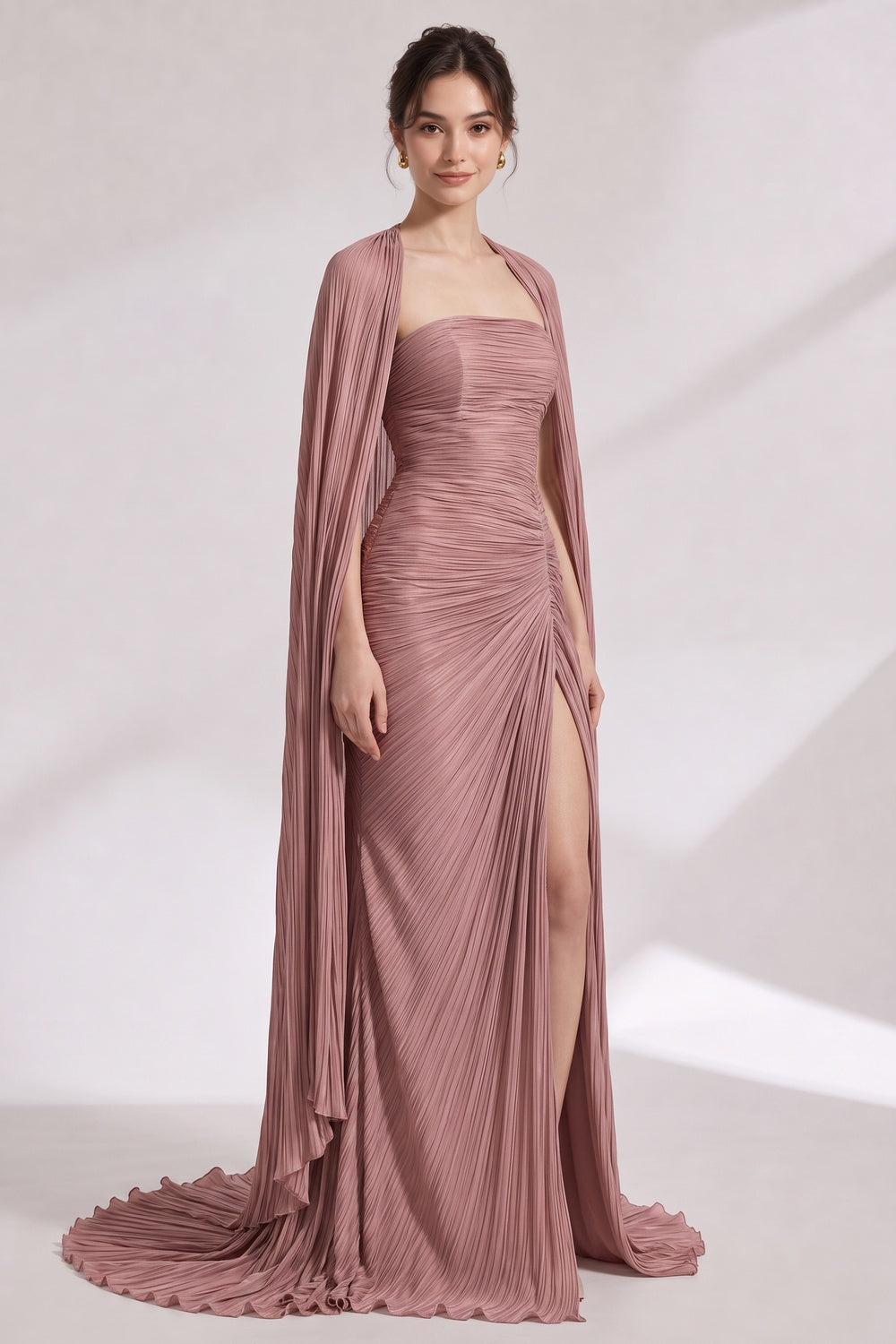 d839c52f34bf2568 DUSTY ROSE PLISSÉ STRAPLESS CAPE GOWN W/ TRAIN