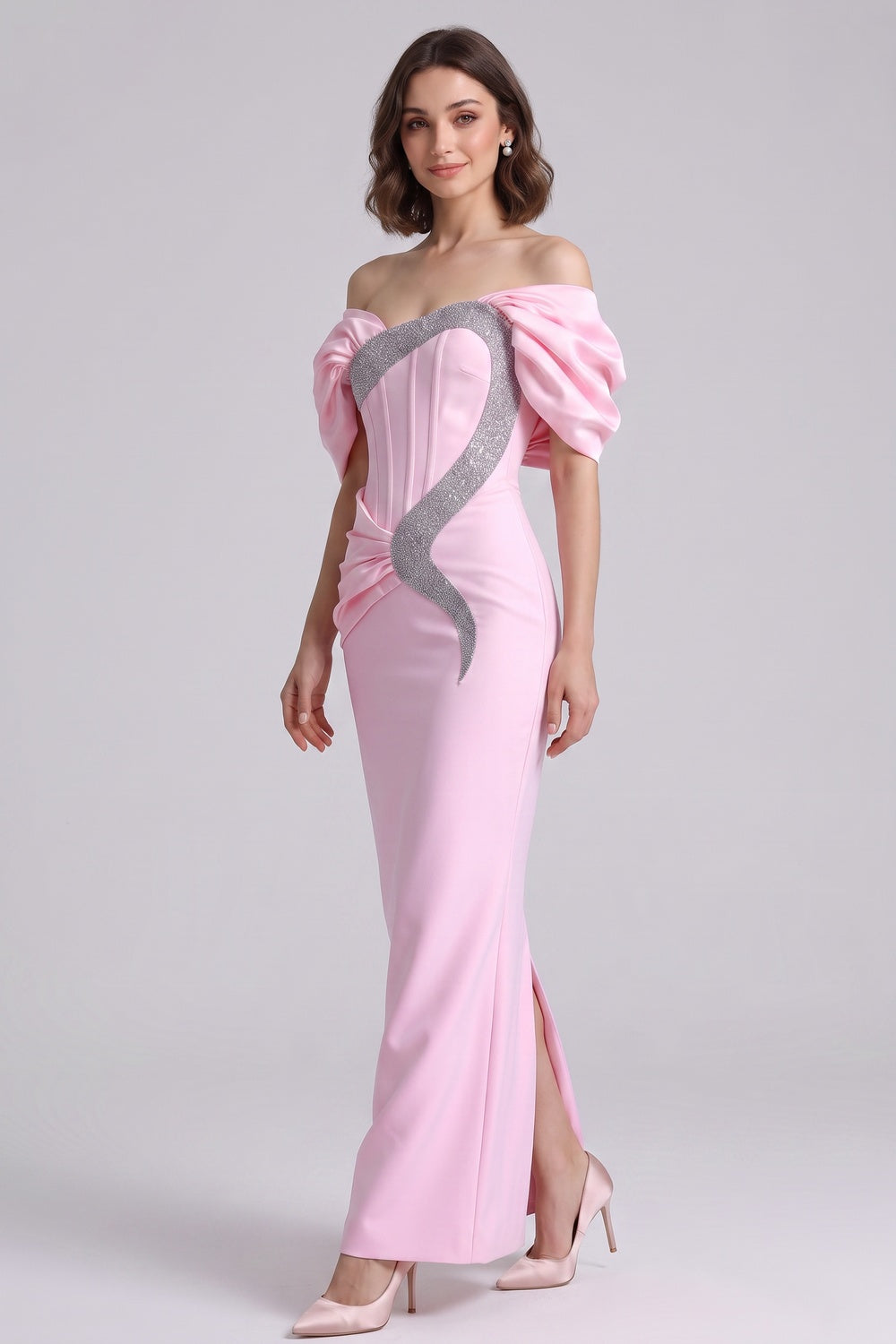 d8c416abf1d03160 LIGHT PINK SATIN COLUMN GOWN SILVER TRIM EVENING