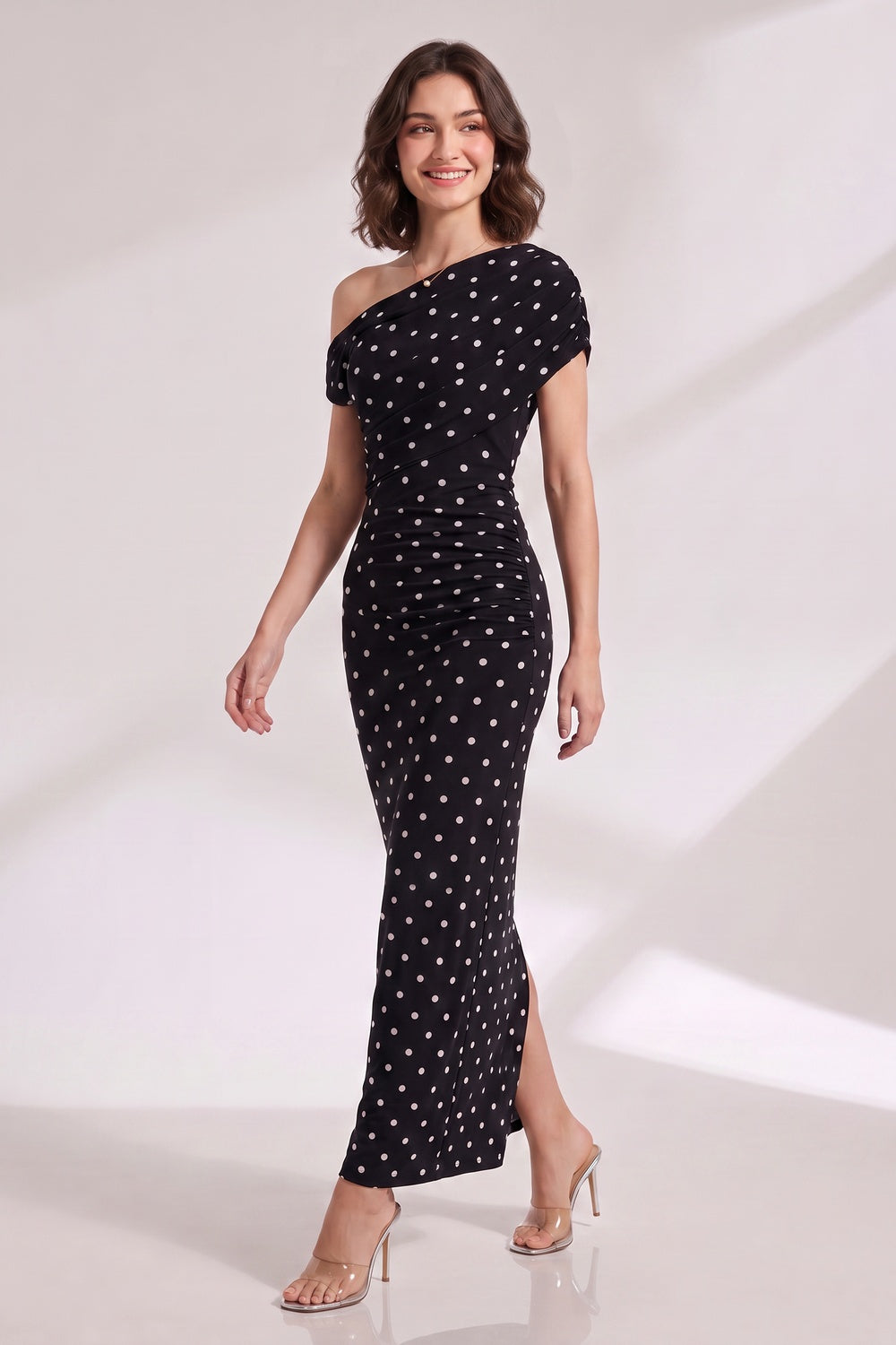 d8ccfc519798dd28 BLACK POLKA DOT ONE-SHOULDER MAXI DRESS