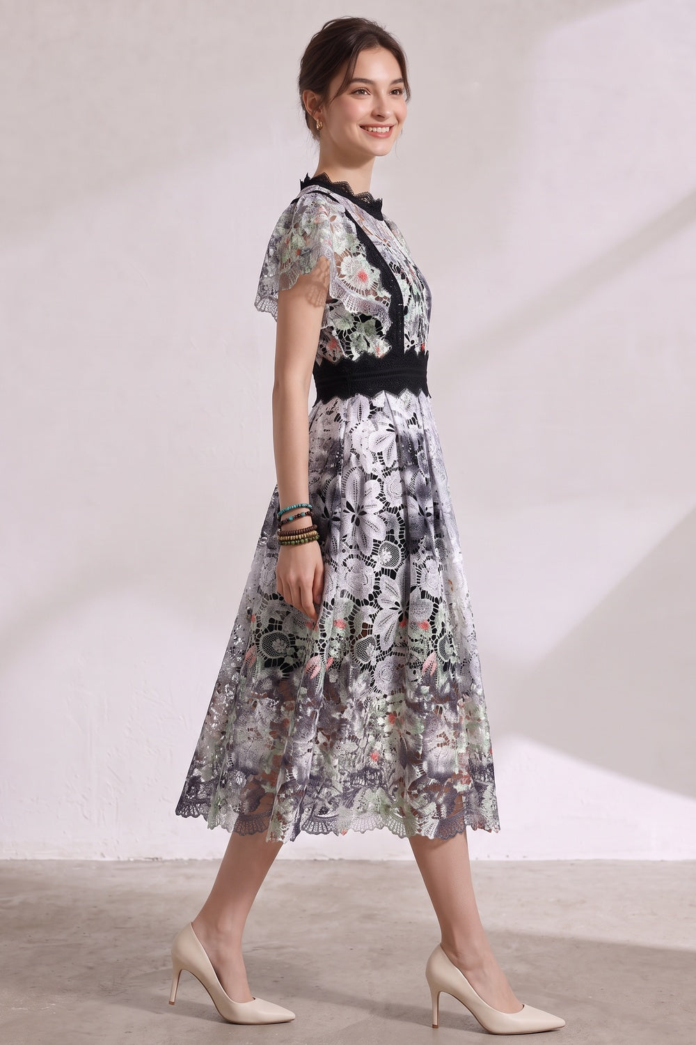 d945f1724c7bbcc7 WHITE GUIPURE LACE FIT-AND-FLARE MIDI DRESS FOR WEDDING GUEST
