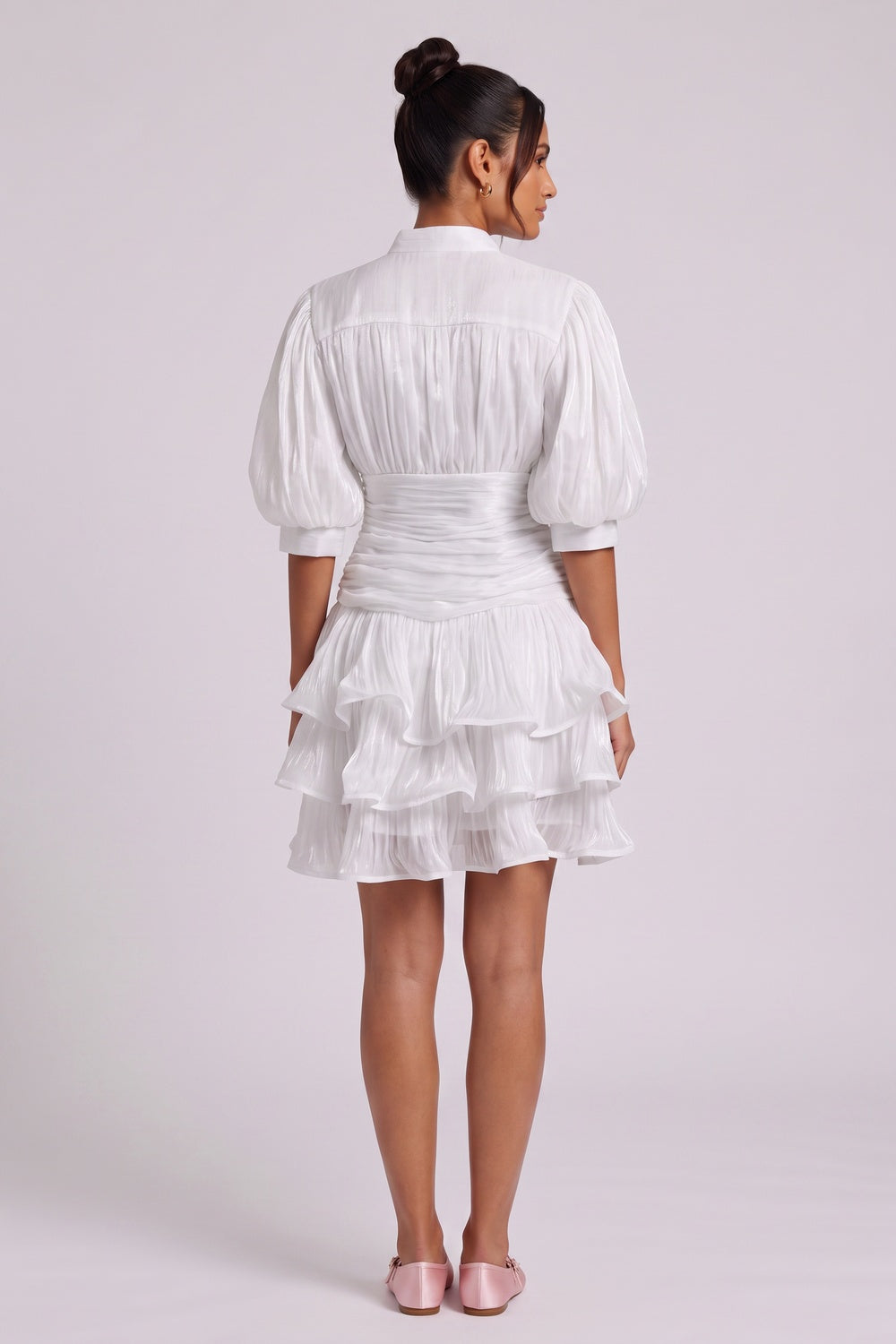 WHITE TIERED RUFFLE MINI DRESS FOR COCKTAIL PARTY