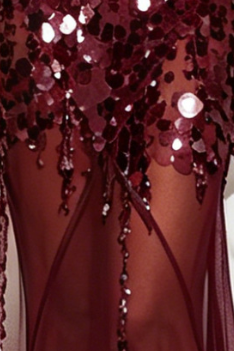d9b5261cf69d4d7416fde0fbb2ea03c2 BURGUNDY SEQUIN SHEATH DRESS WITH FLARED SHEER SKIRT