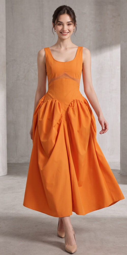 d9c7f5ee50308033 BRIGHT ORANGE FIT-AND-FLARE MIDI DRESS