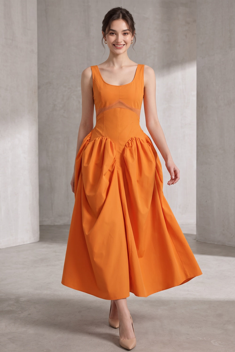 d9c7f5ee50308033 BRIGHT ORANGE FIT-AND-FLARE MIDI DRESS