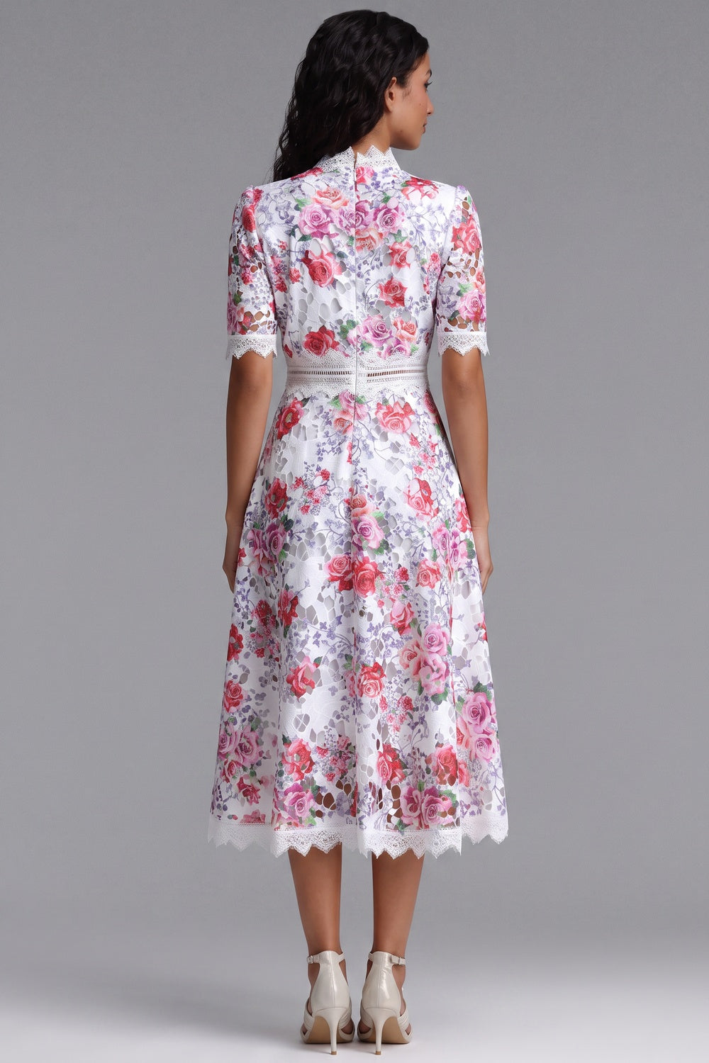 da0848040a56fa81 WHITE GUIPURE LACE FLORAL MIDI DRESS FOR WEDDING