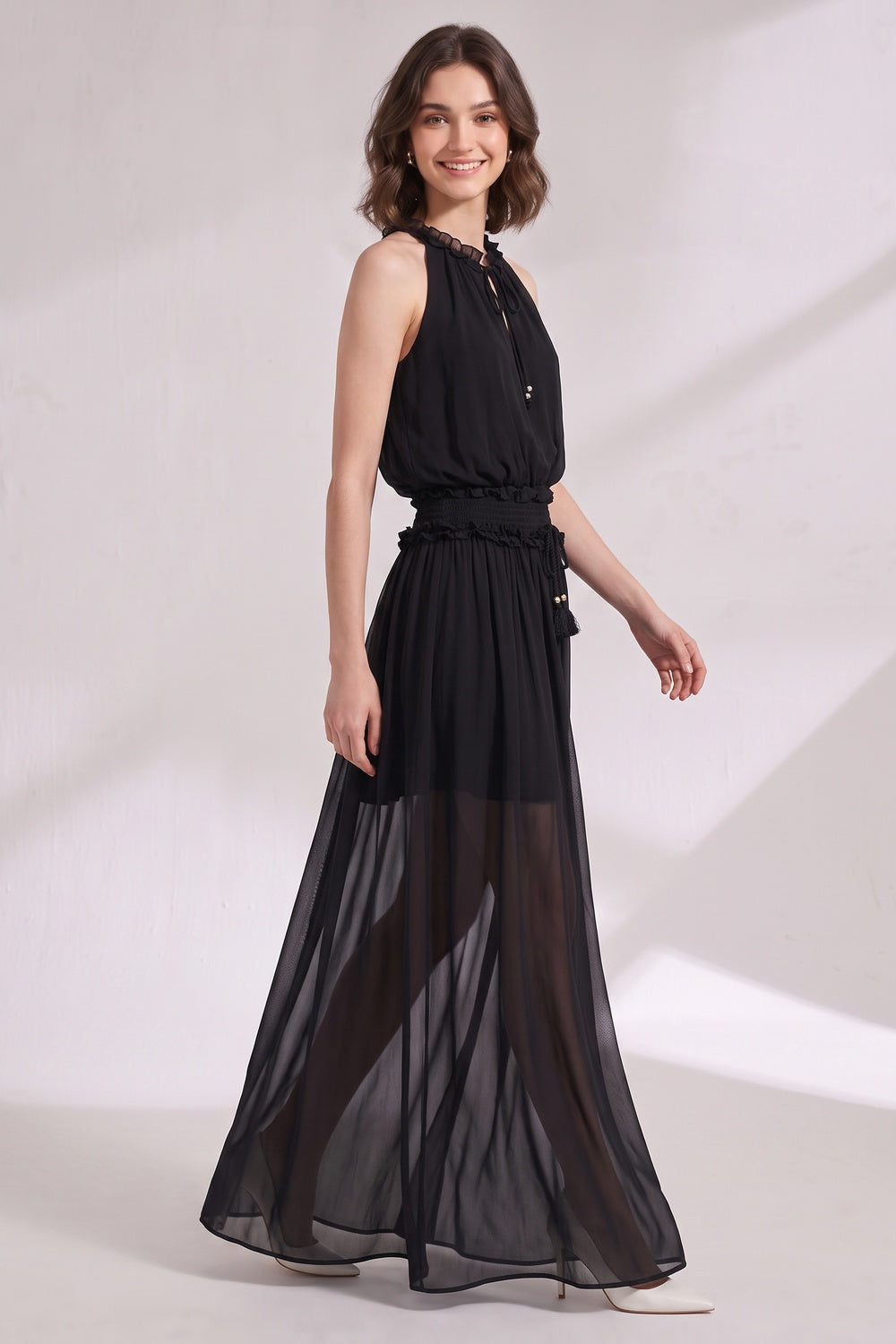 da4012c6db1ab1d7 BLACK CHIFFON A-LINE BLOUSON MAXI DRESS