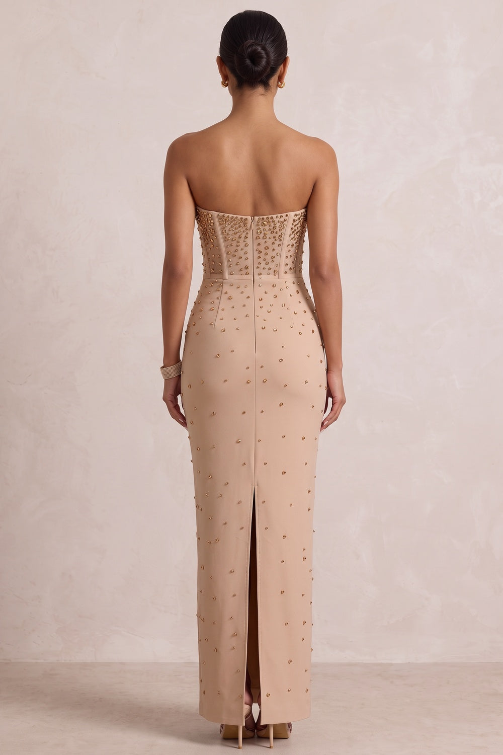 dacd2ba9fdd8d98c BEIGE STRAPLESS STUDDED MAXI GOWN