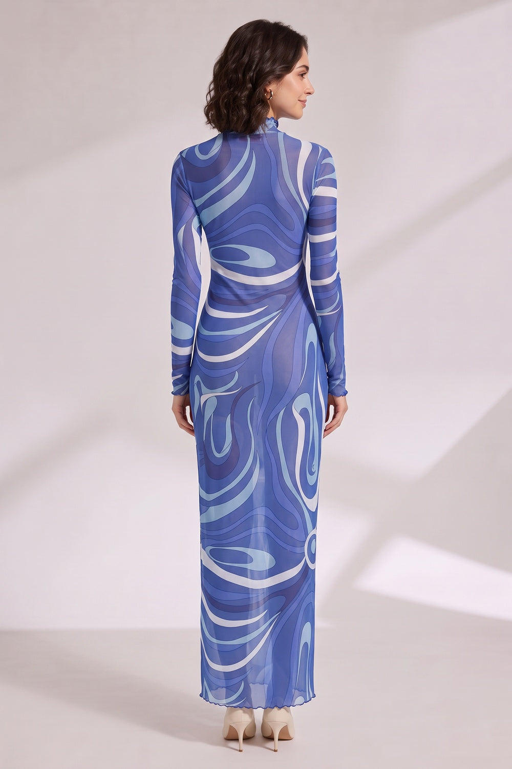 BLUE ABSTRACT PRINT LONG SLEEVE MAXI DRESS