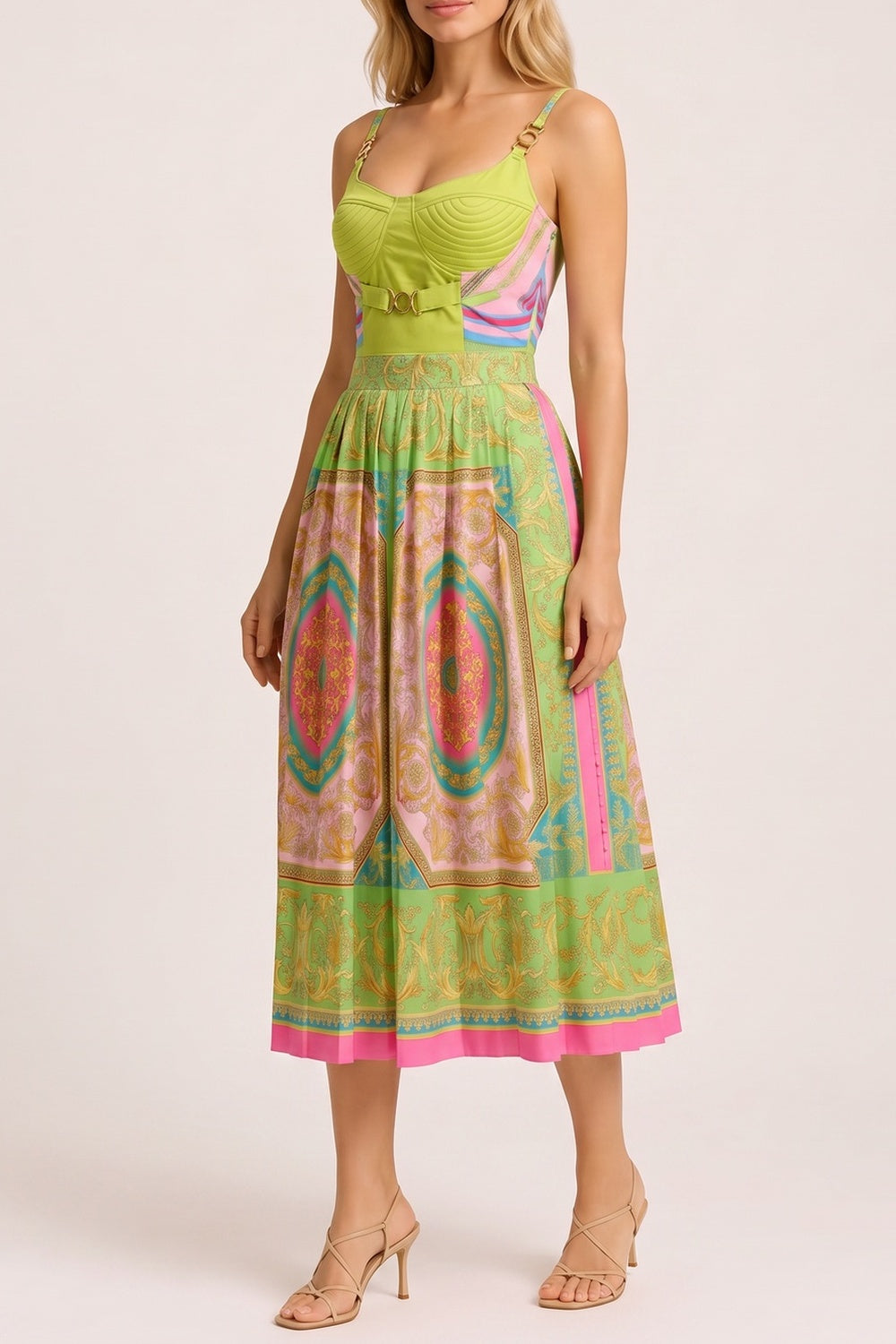 db020fb3cea18944 BAROQUE PRINT CORSET MIDI DRESS WITH ADJUSTABLE STRAPS
