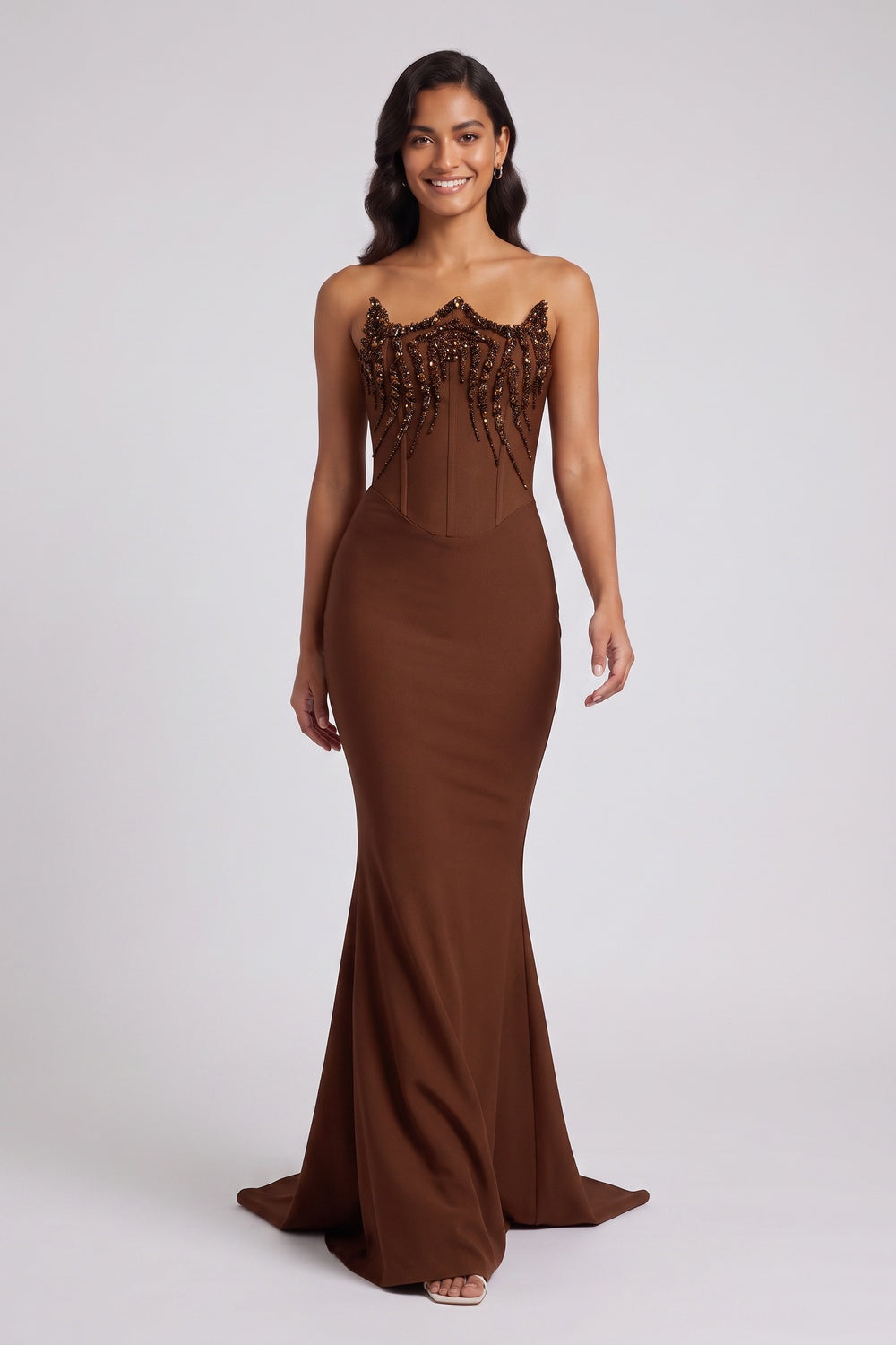 db0f7a3e45c2cca5 BROWN STRAPLESS BEADED MERMAID EVENING GOWN
