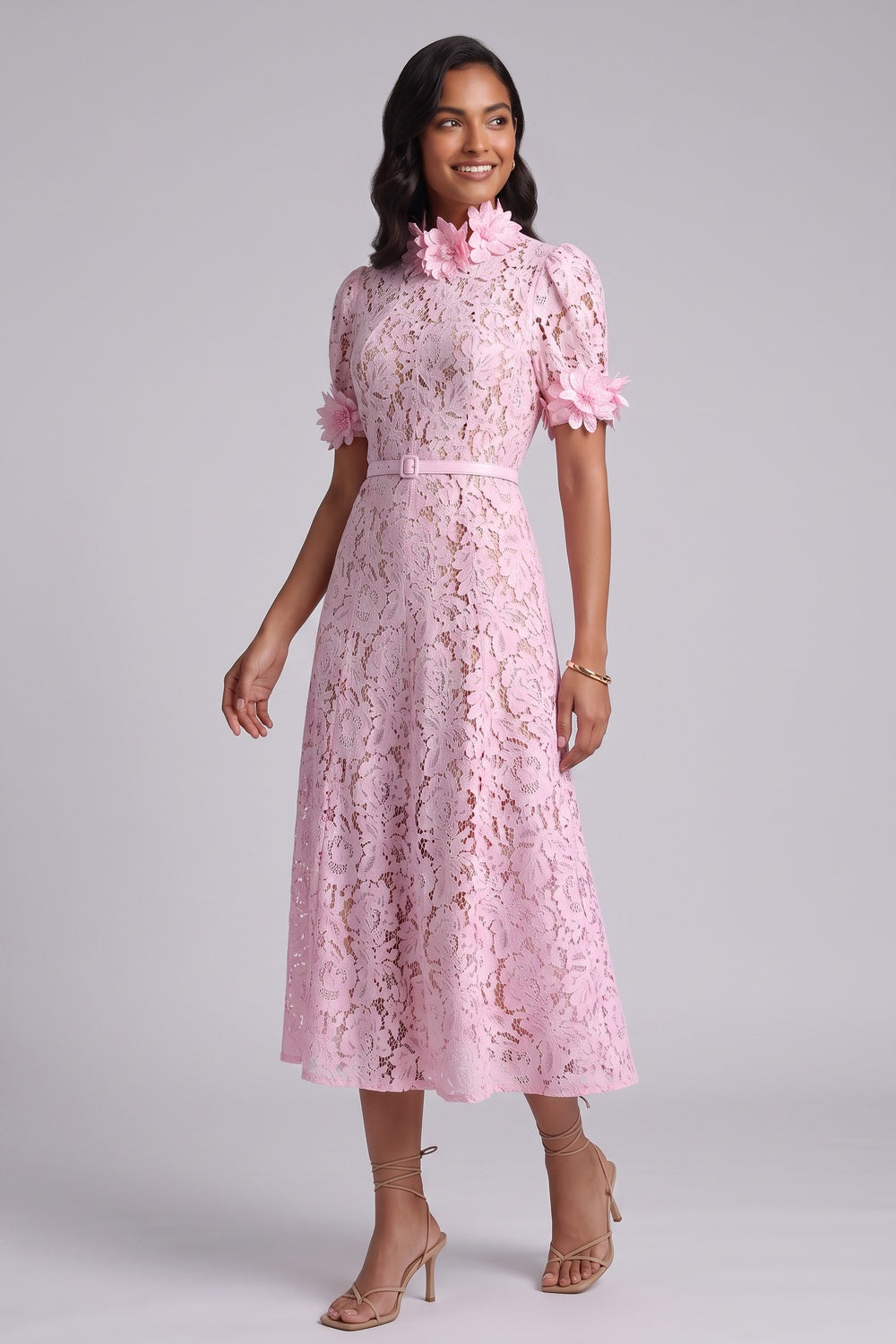 db10d7fb6567748a PINK FLORAL LACE A-LINE MIDI DRESS FOR WEDDING GUEST