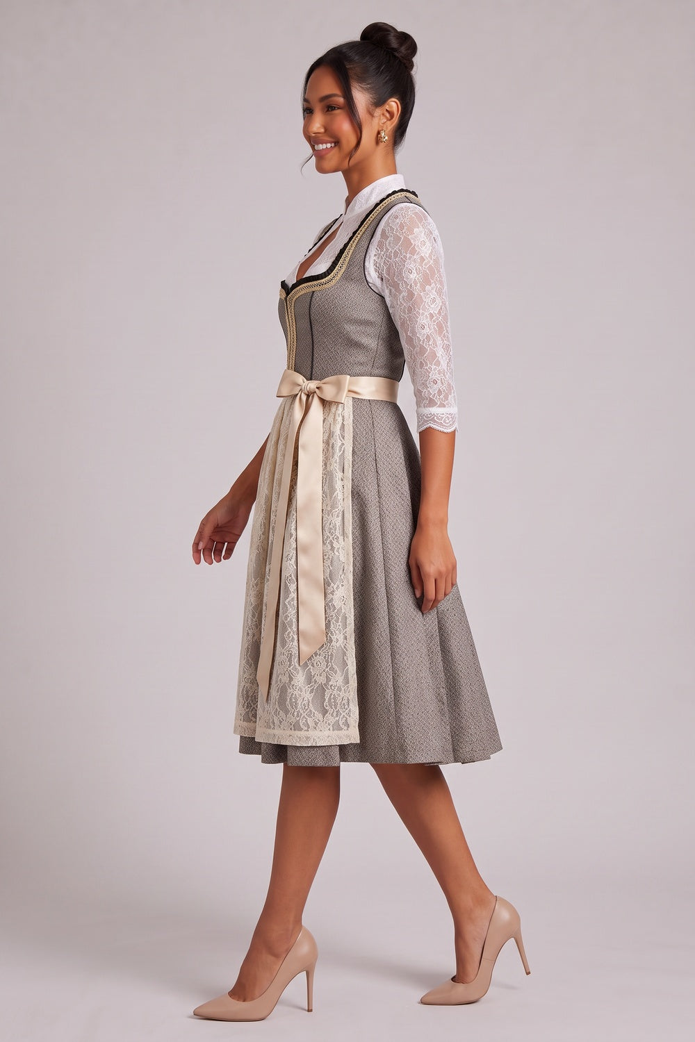 db3e79cca72b6773 GREY-BROWN MELANGE JACQUARD FIT-AND-FLARE DIRNDL SET