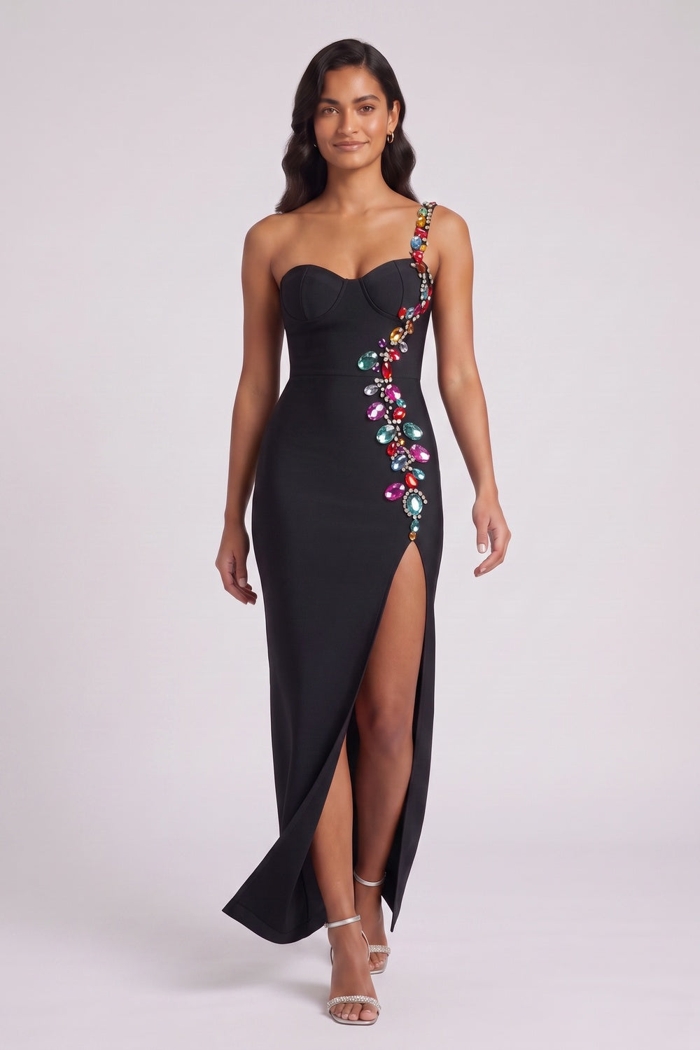 BLACK HEAVY STRETCH KNIT COLUMN GOWN