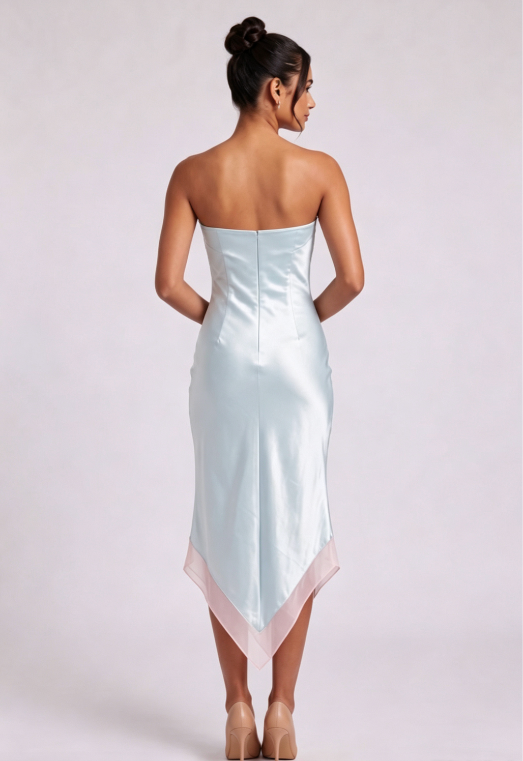 db6a60ec9c50909776c27e3d9a878796 PALE BLUE SATIN SHEATH DRESS PINK LACE TRIM COCKTAIL