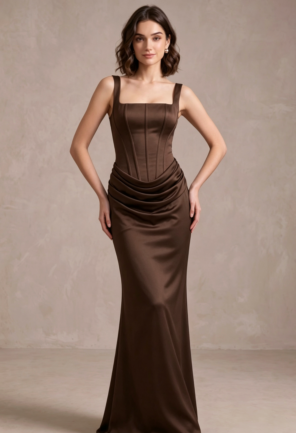 db9349a9f45d1685084306ea11086ffc DARK BROWN SATIN COLUMN GOWN DRAPED HIP EVENING WEAR