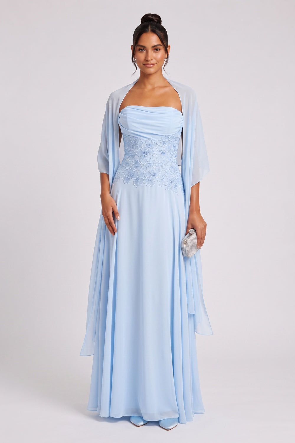 LIGHT BLUE CHIFFON A-LINE EVENING GOWN