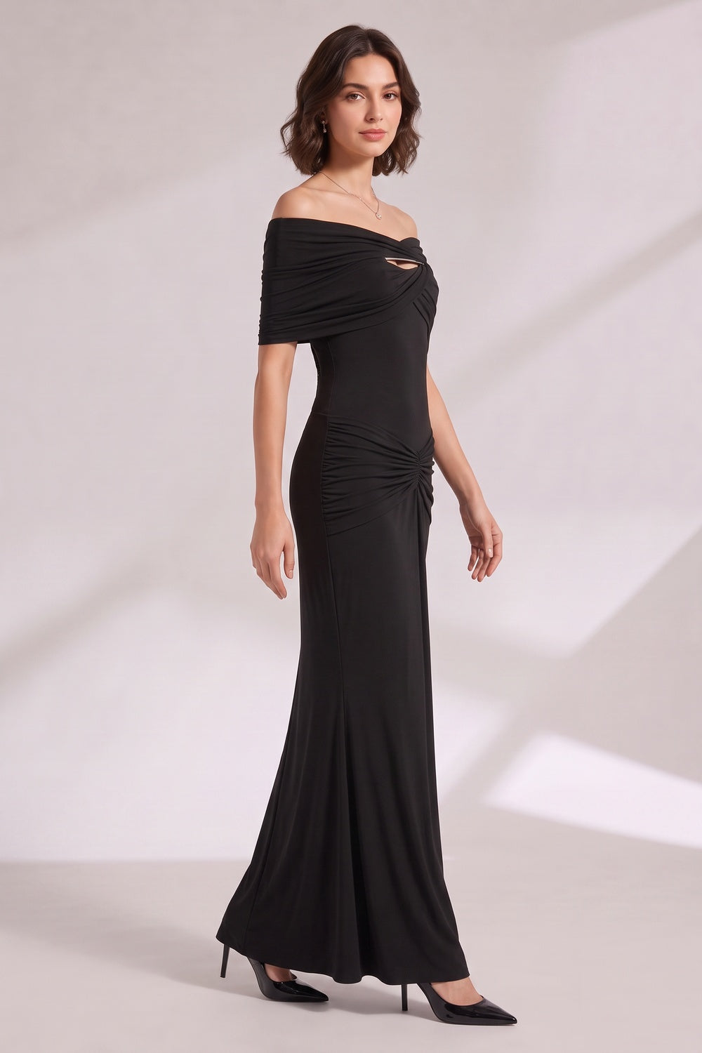 dcadb968d0f63da0 OFF-SHOULDER RUCHED BLACK MAXI GOWN EVENING