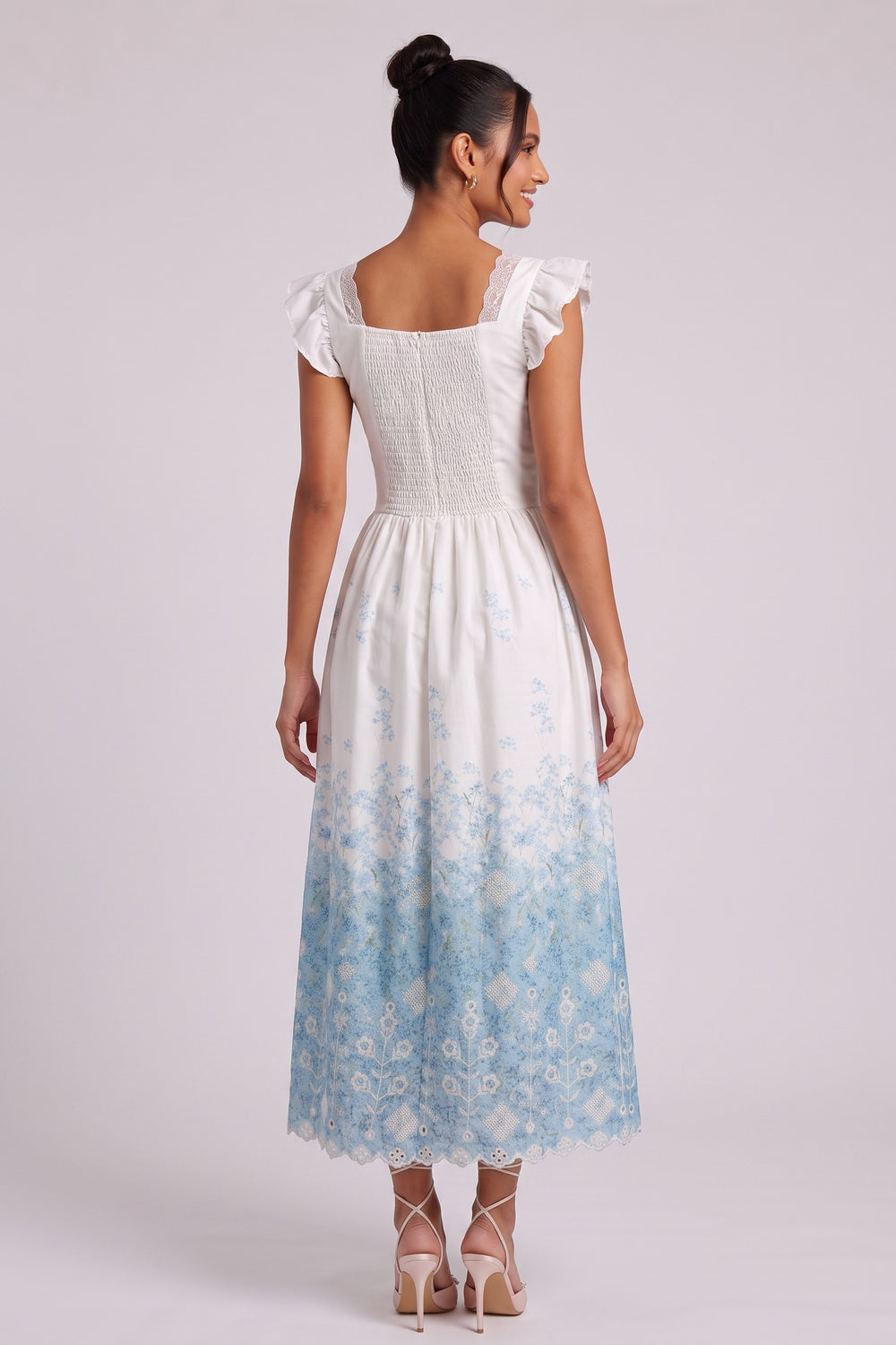 dce8e90c3de3ee34 WHITE FIT-AND-FLARE MIDI DRESS WITH FLORAL EYELET