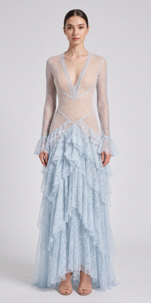 LIGHT BLUE LACE TIERED A-LINE GOWN FOR WEDDING GUEST