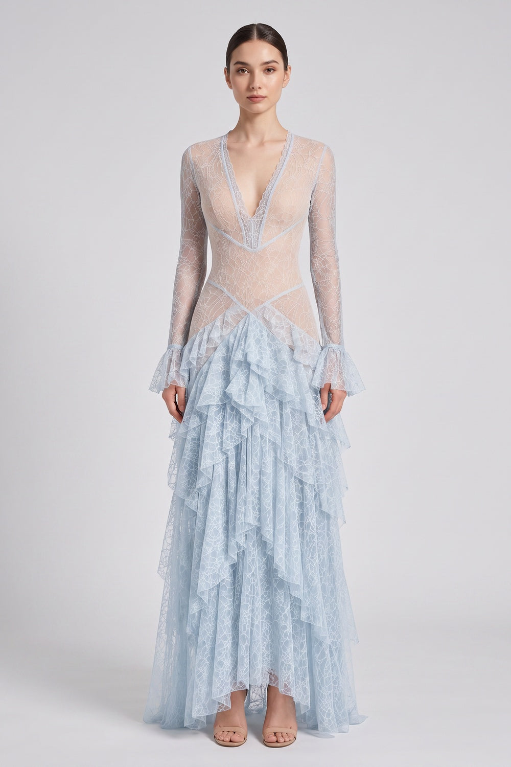 ddf55f975de46465 LIGHT BLUE LACE TIERED A-LINE GOWN FOR WEDDING GUEST
