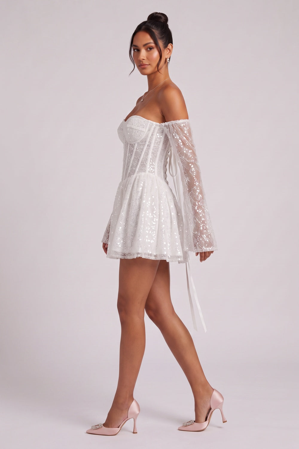 de41f4c8edc8e69e WHITE SEQUINED TULLE FIT-AND-FLARE COCKTAIL DRESS