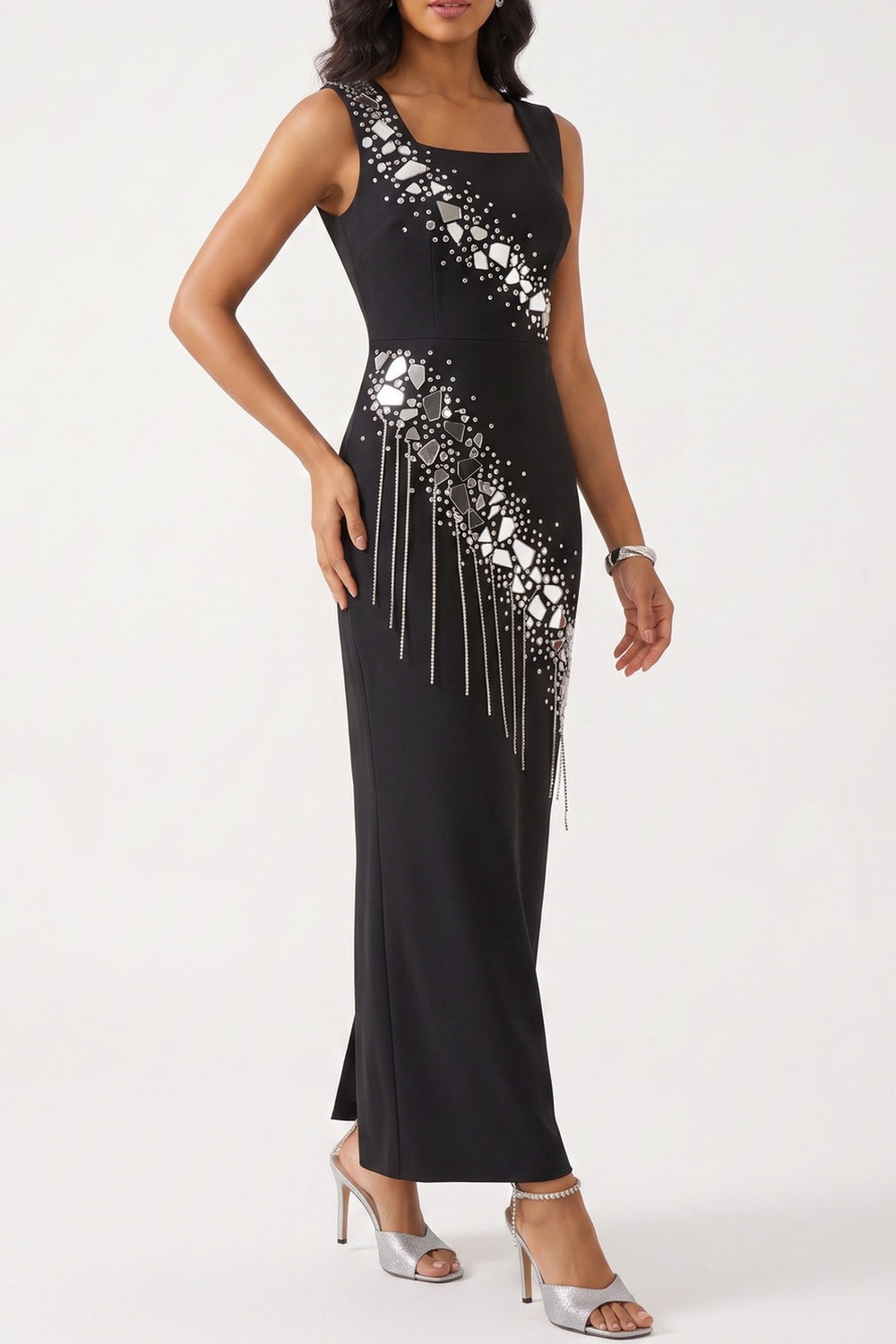 de48cb11774cf60e SLEEVELESS SQUARE NECK RHINESTONE FRINGE BODYCON MIDI DRESS