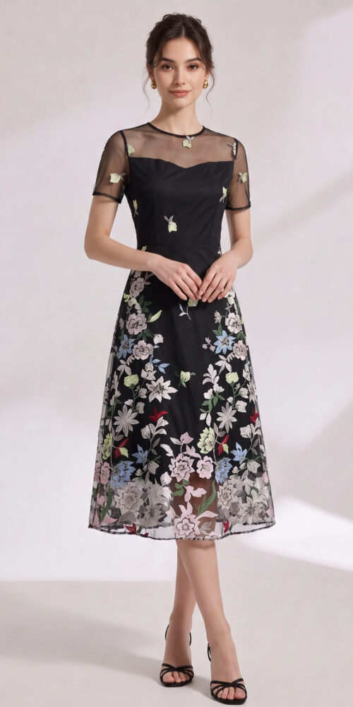de5657cf4cf01eaf BLACK FLORAL EMBROIDERY A-LINE MIDI DRESS SHEER OVERLAY