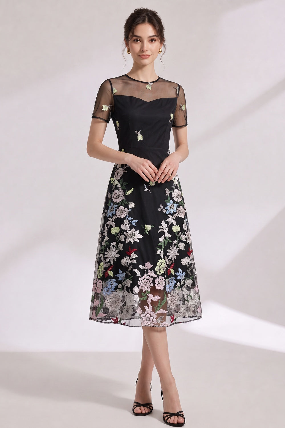 de5657cf4cf01eaf BLACK FLORAL EMBROIDERY A-LINE MIDI DRESS SHEER OVERLAY