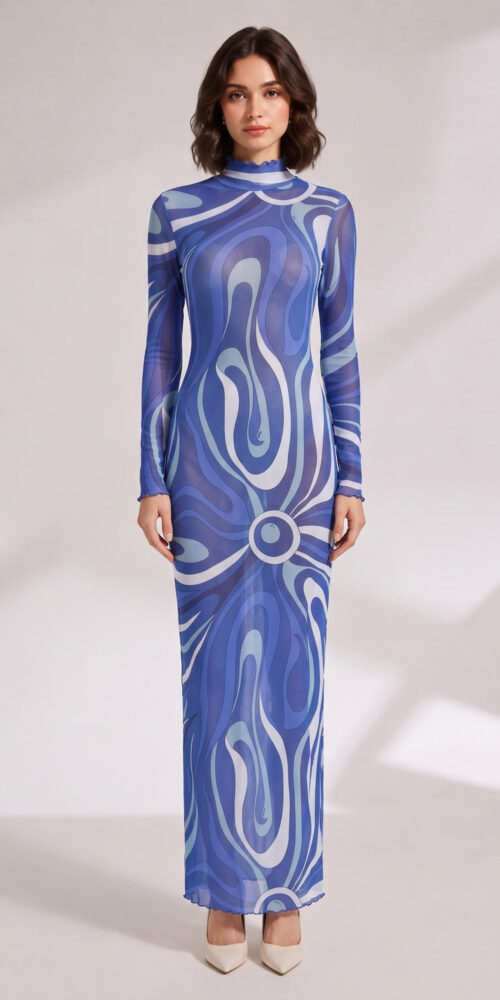 de7ba338f1a9d3aa BLUE ABSTRACT PRINT LONG SLEEVE MAXI DRESS